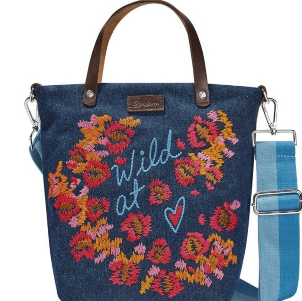 Brighton Blue Denim Crossbody, Leather Trim Embroidered Women's Bag. Brand New.